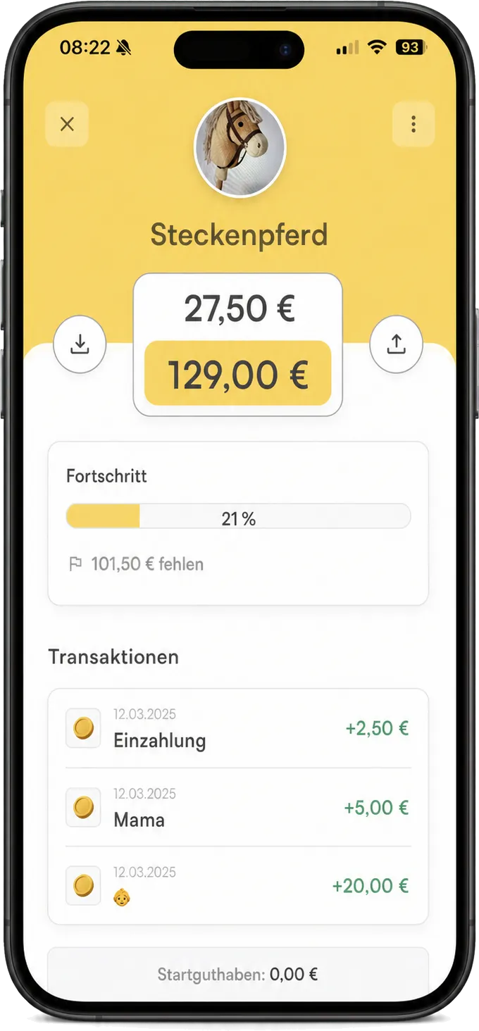 A Tallo saving-goal screen makes the current amount and progress visible.